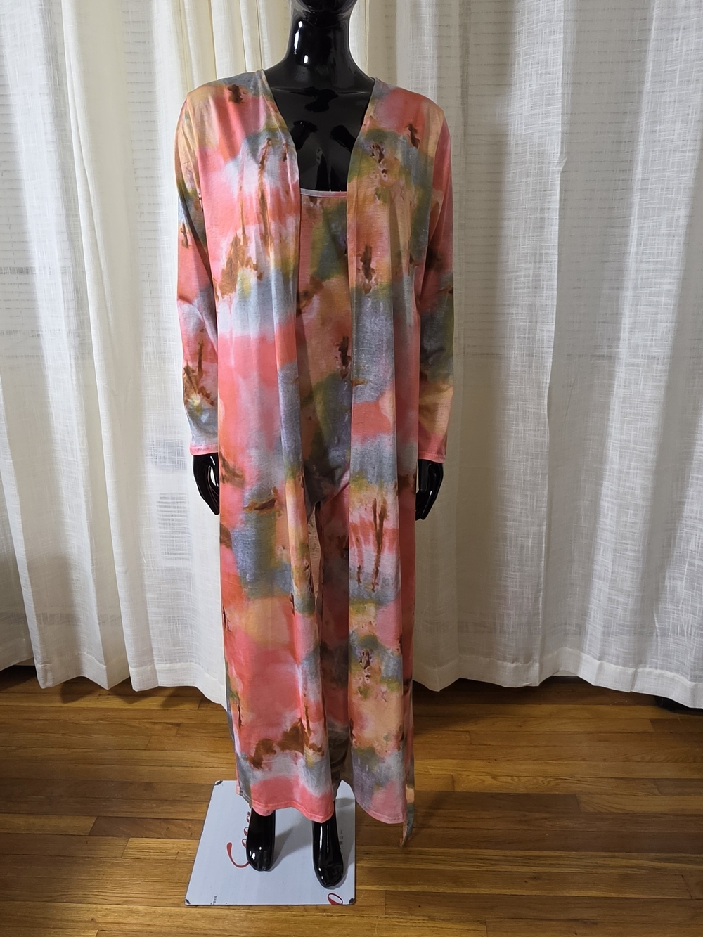 Colorful Watercolor Print Maxi Cardigan Jumpsuit Set